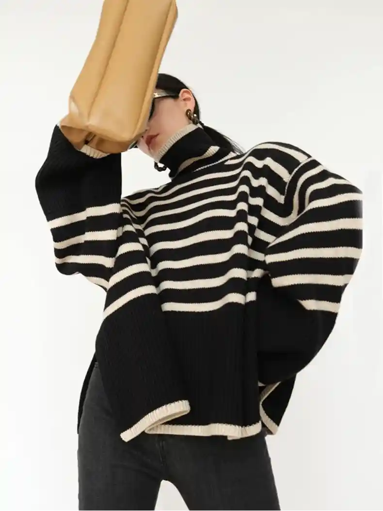 Oversized Striped Turtleneck Pullover