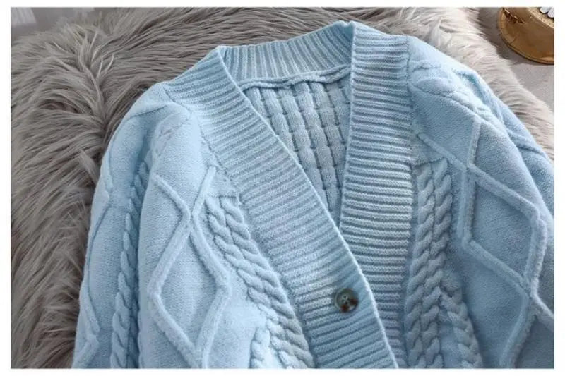Lantern Sleeve Geometric Knitted Short Cardigan