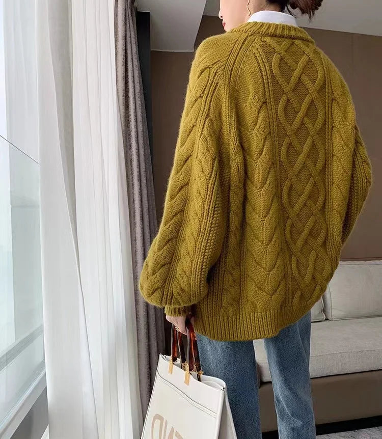 Twisted Woolen Knit Round Neck Sweater