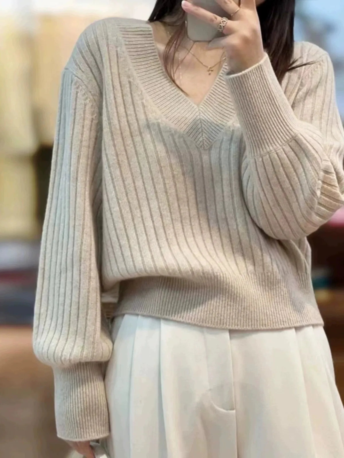 V-Neck 100% Cashmere Knitted Pullover Sweater