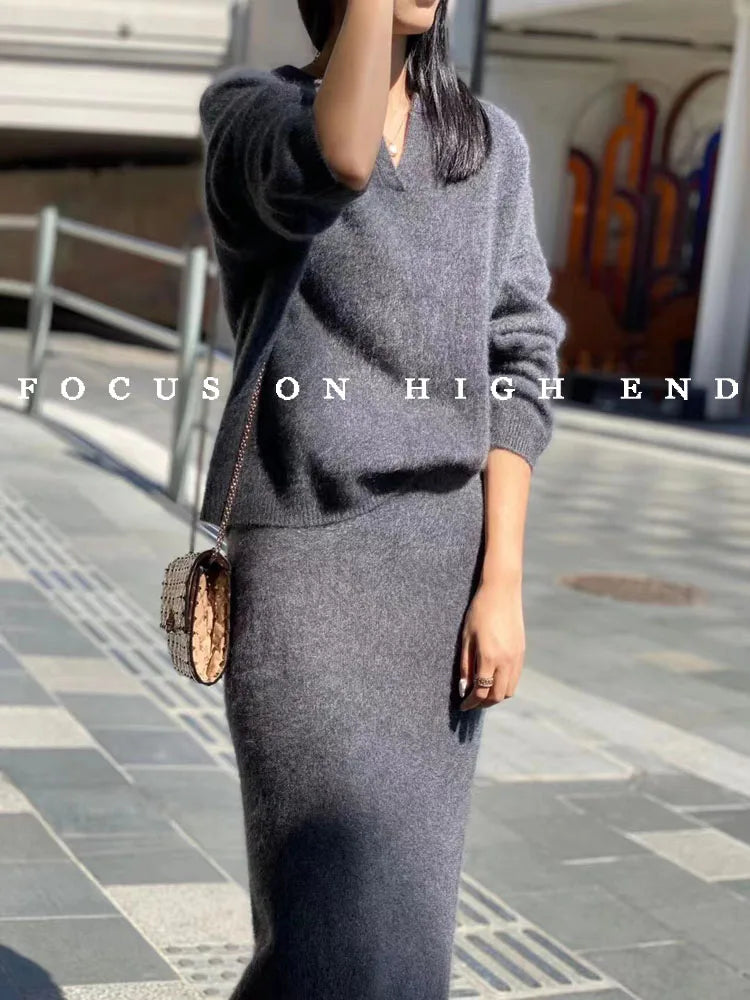 Solid Cashmere Sweater And Skirt Set