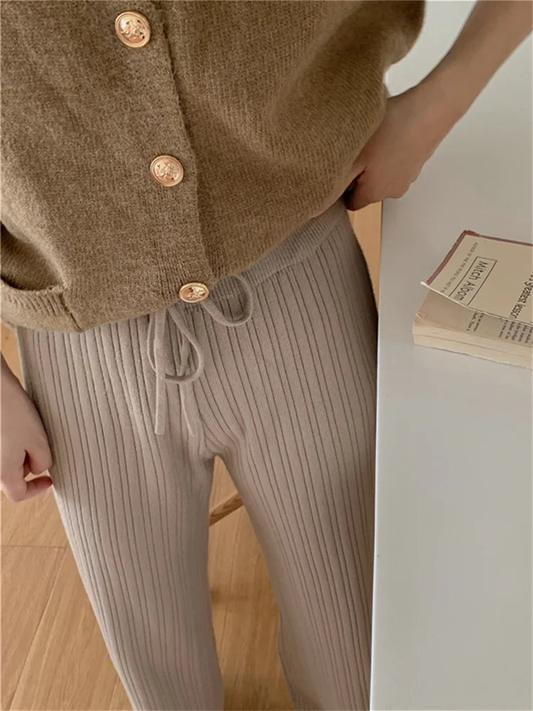 Drawstring Ribbed Knitted Wide Leg Sweatpants