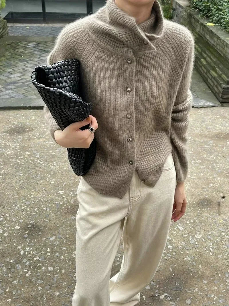 High Neck Pure Wool Short Cardigan