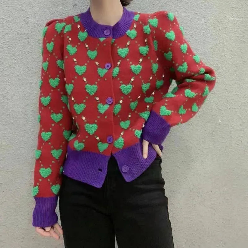 Ugly Sweater Heart Detail Knitted Short Cardigan