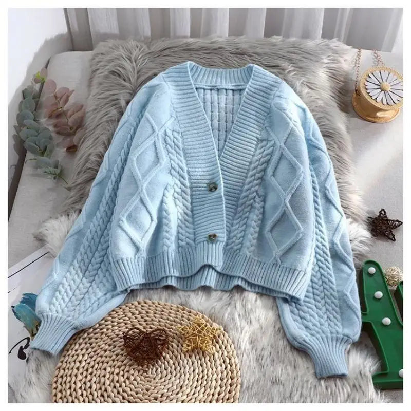 Lantern Sleeve Geometric Knitted Short Cardigan