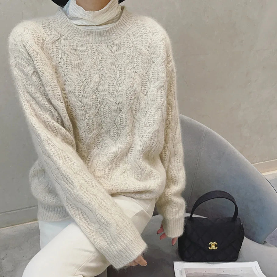 Crew Neck Cable Knit Cashmere Sweater