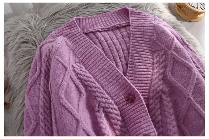 Lantern Sleeve Geometric Knitted Short Cardigan