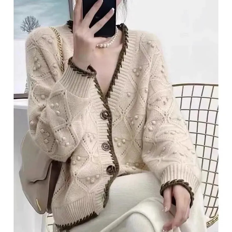 Color Block Crocheted 100% Cashmere Knit Cardigan