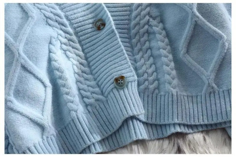Lantern Sleeve Geometric Knitted Short Cardigan