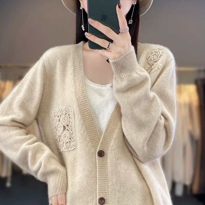 Crochet Merino Wool V-neck Cardigan
