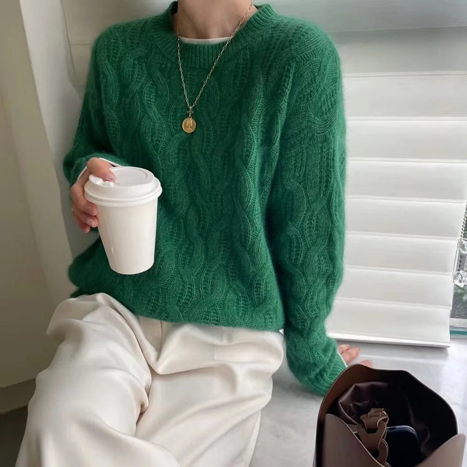 Crew Neck Cable Knit Cashmere Sweater