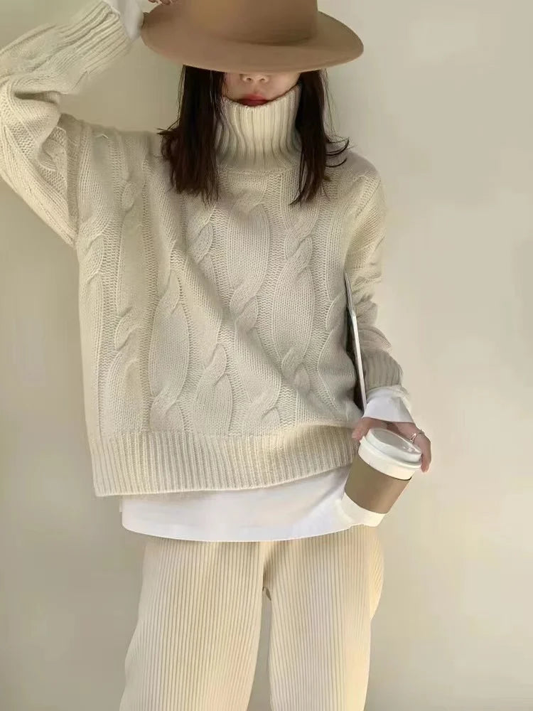 Criss-Cross High Neck Pure Wool Sweater