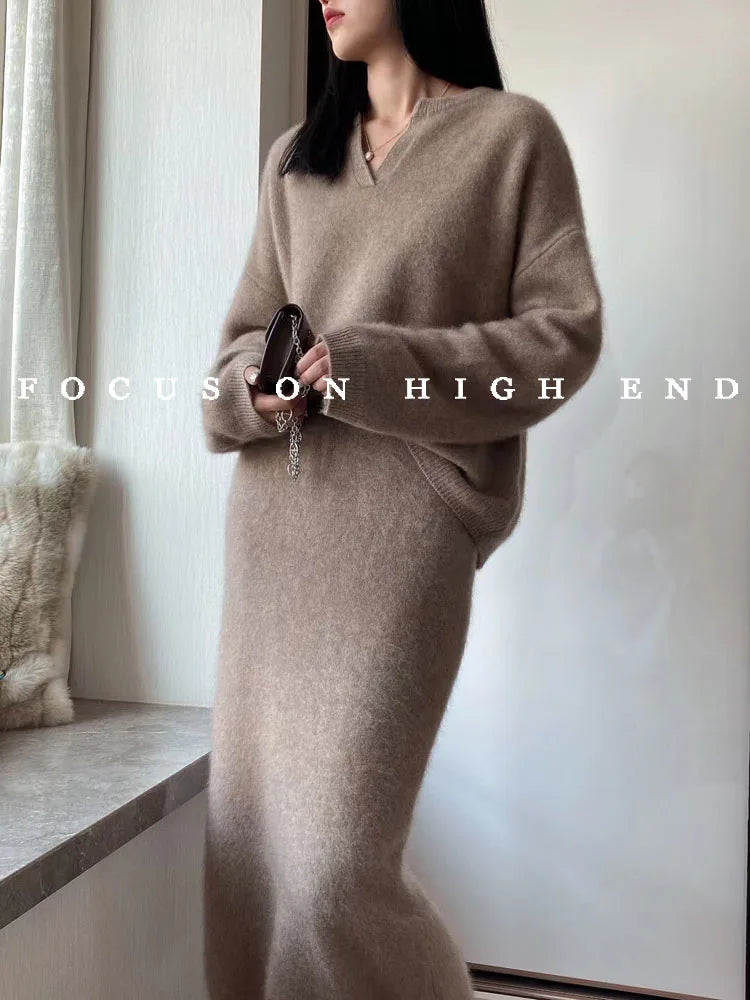 Solid Cashmere Sweater And Skirt Set