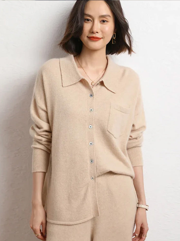 100% Cashmere Knitted Turn-down Collar Shirt