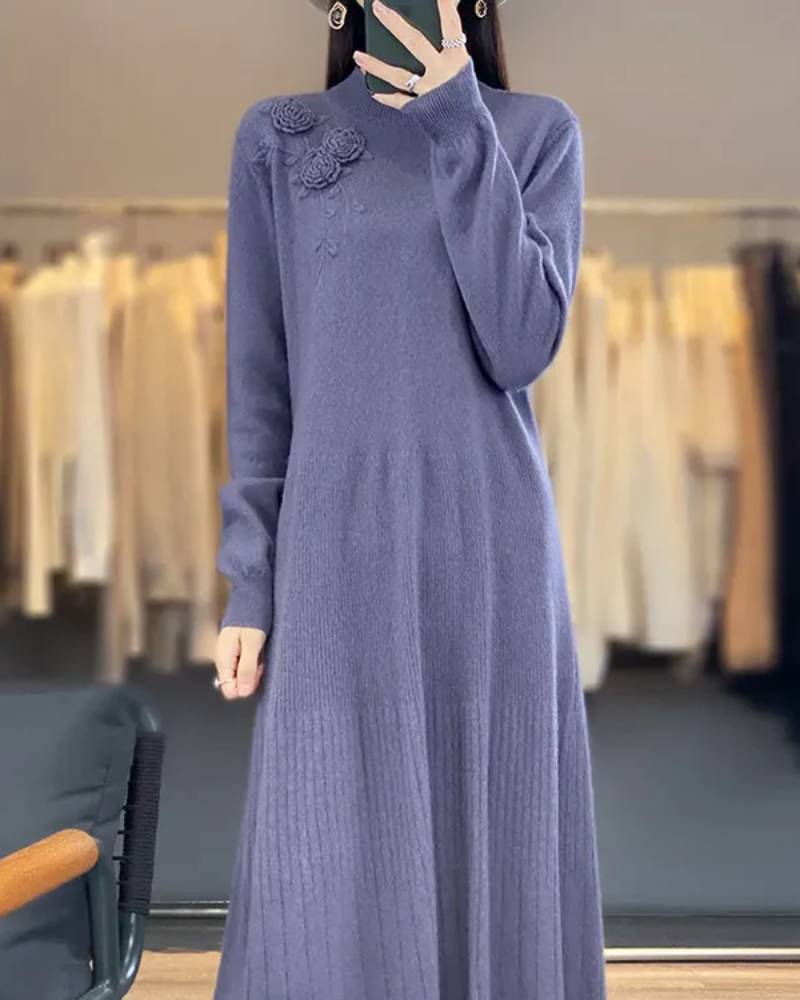 100% Pure Wool Knitted A-Line Long Sleeves Dress