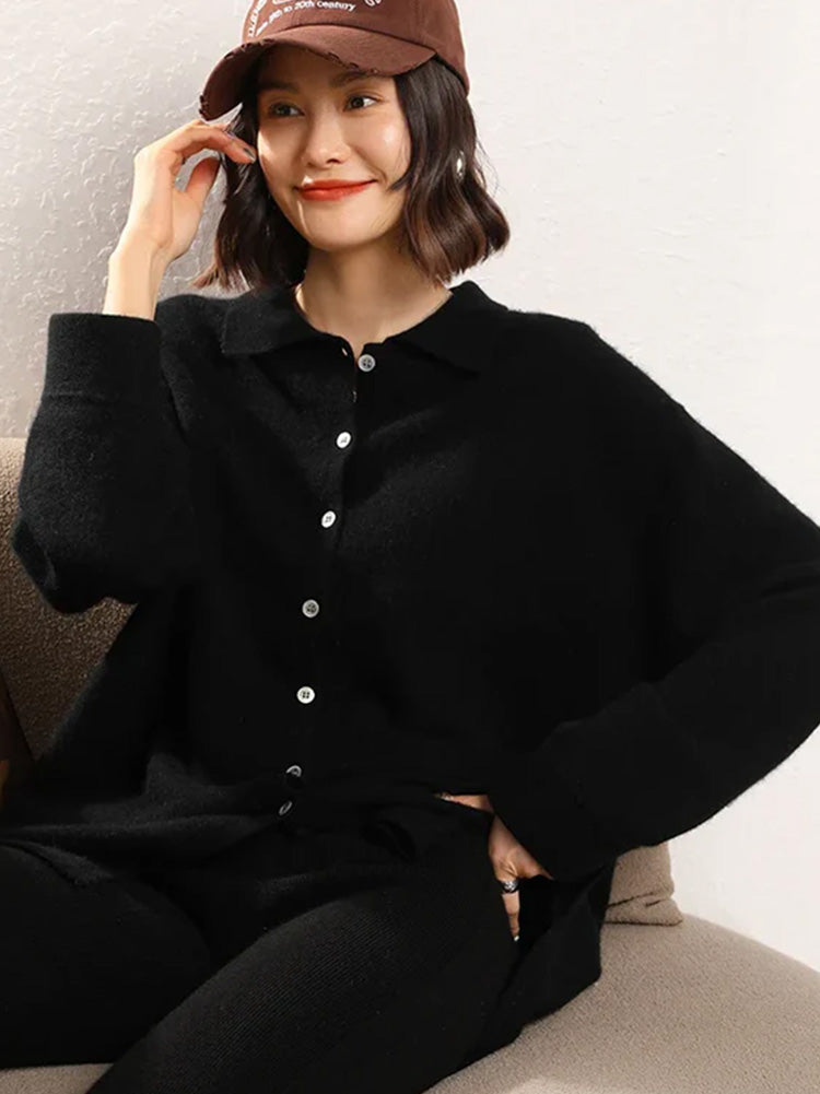 100% Cashmere Knitted Turn-down Collar Shirt