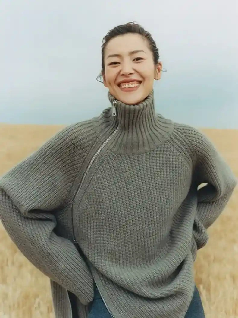 Oversized Irregular Zipper High Neck Cashmere Sweater