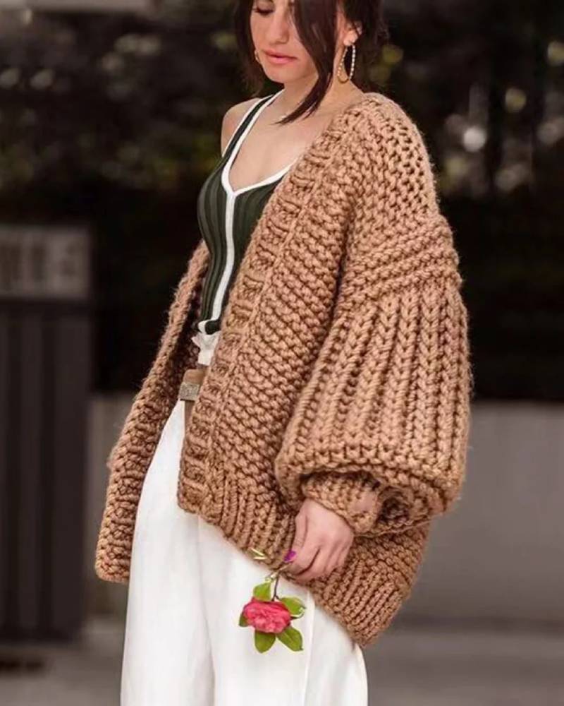 Bohemian Style Knitted Lantern Sleeve Sweater Cardigan