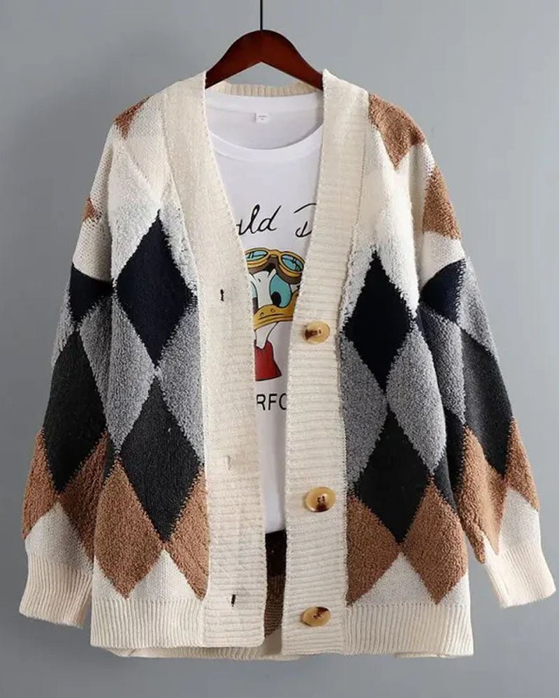 Fleece Patchwork Vintage V-Neck Short Cardigan