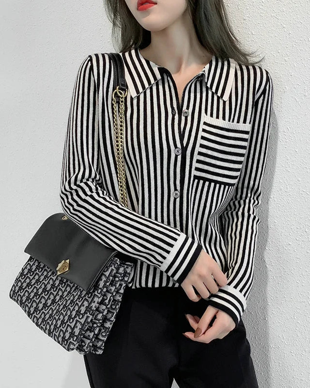 Striped Turn-down Collar Wool Knitted Shirt
