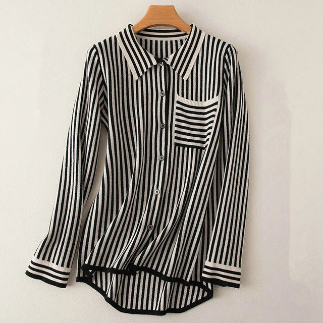 Striped Turn-down Collar Wool Knitted Shirt
