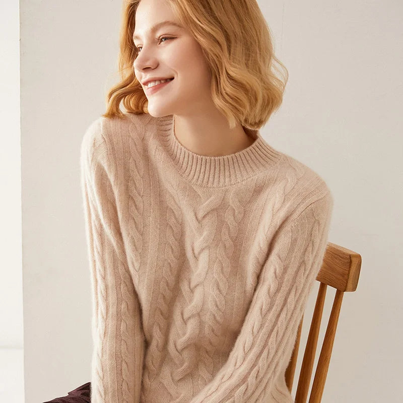 Cable Knit O-neck Wool Sweater
