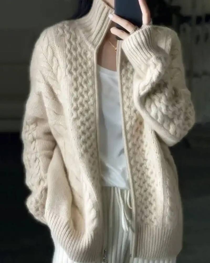 High-Collar Zip-Up Wool Cardigan Coat