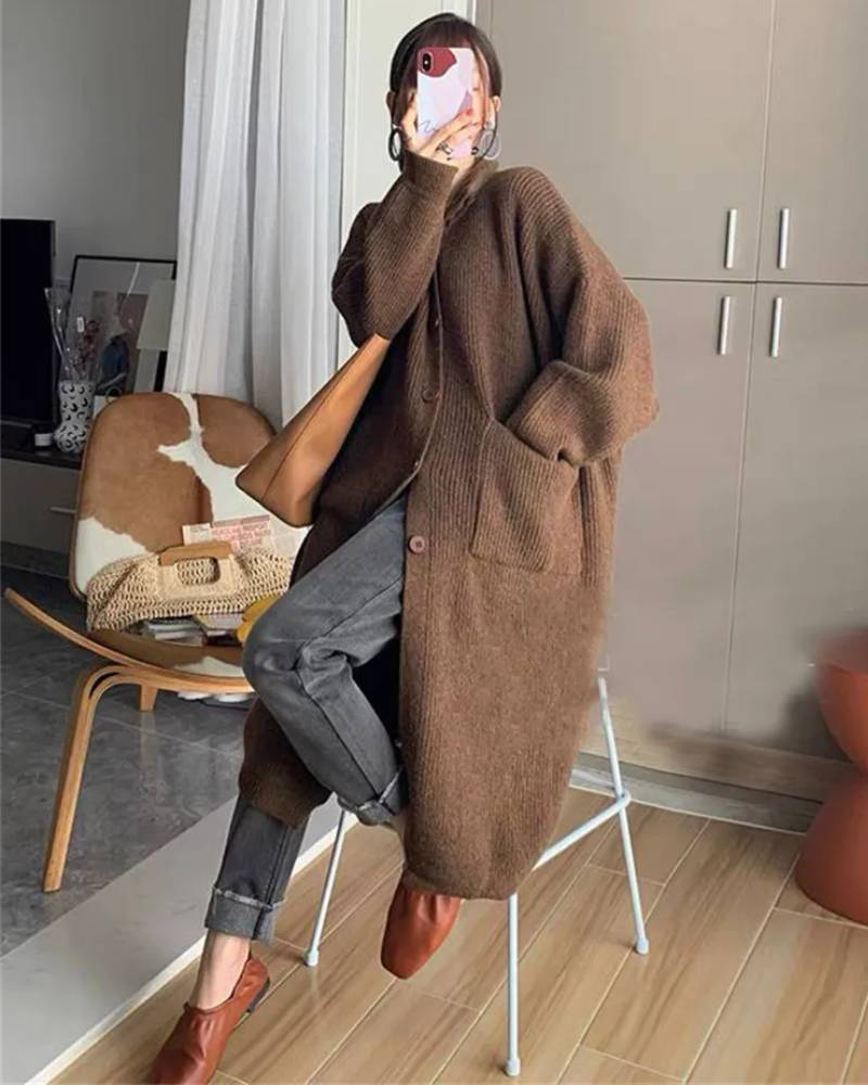 Oversized High-Neck Long Cardigan With Pocket