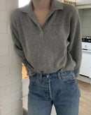  Woman layering the Polo-Collar Gray Wool Sweater, 90 % wool / 10 % yak knit and tailored polo collar give preppy polish—your cozy 60-75 °F spring-fall layer.