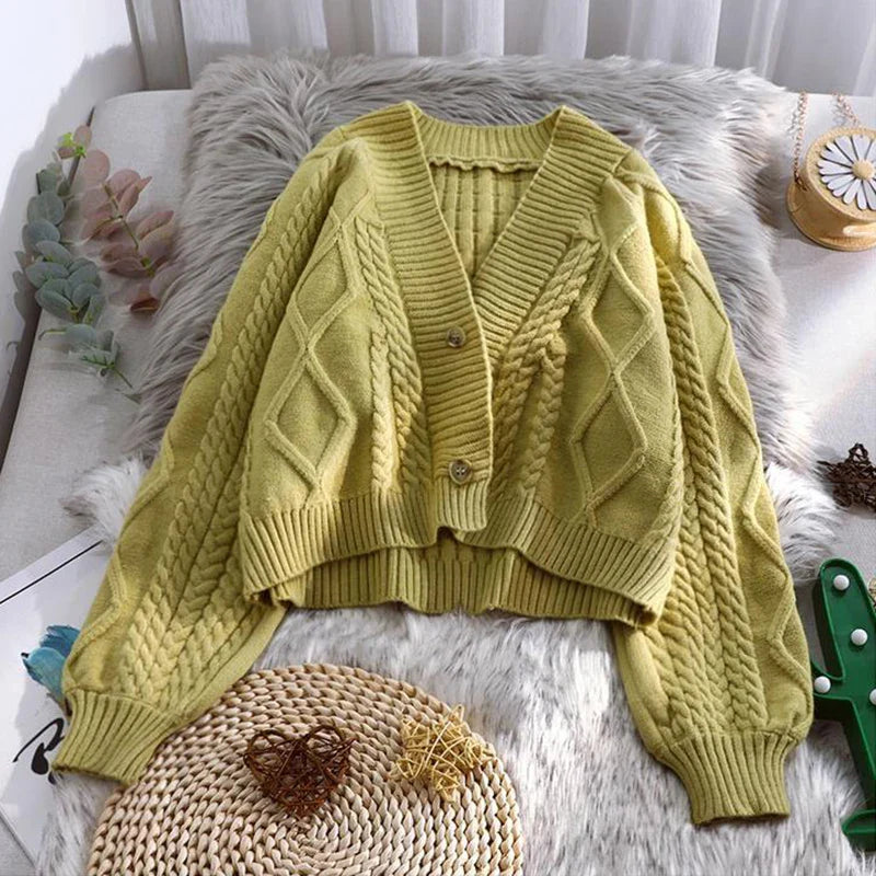 Lantern Sleeve Geometric Knitted Short Cardigan