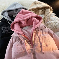 Fake Two-Pieces Letter Embroidered Hooded Down Jacket