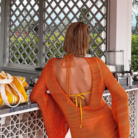 Knitted Bat Sleeves Backless Bikini Hollow Cover-Up