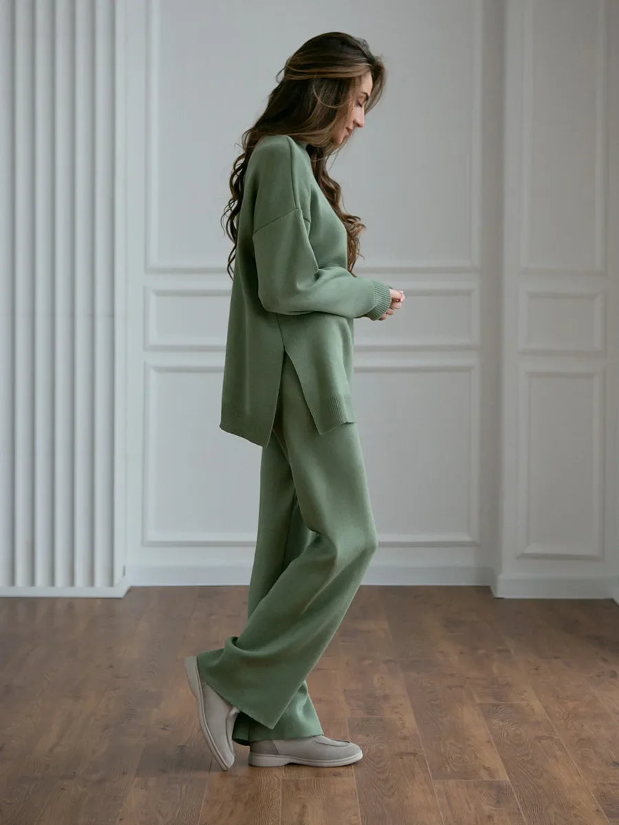 Half Turtleneck Sweater & Wide Leg Pants Knitted Set