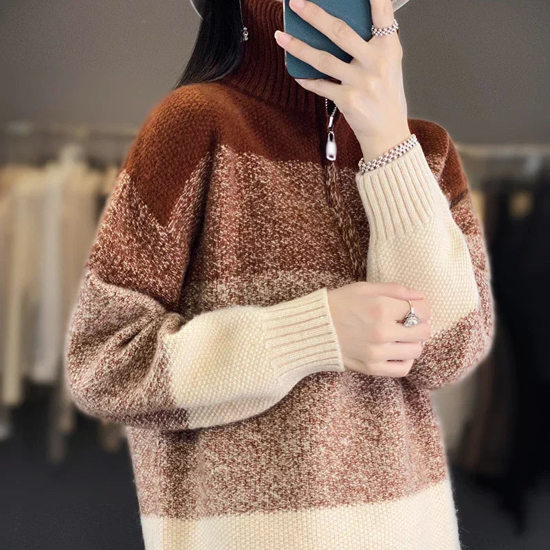 Color Block High Collar Wool Knitted Pullover Sweater