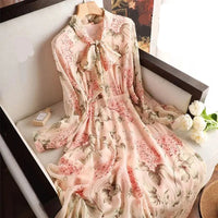 Floral Print Chiffon Bow Neck Long Sleeve Dress