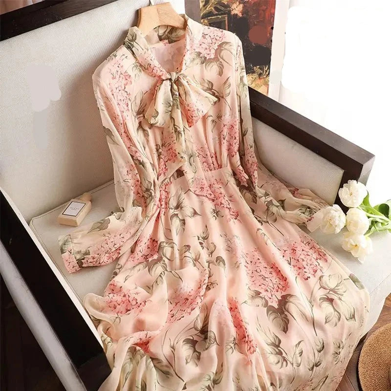 Floral Print Chiffon Bow Neck Long Sleeve Dress