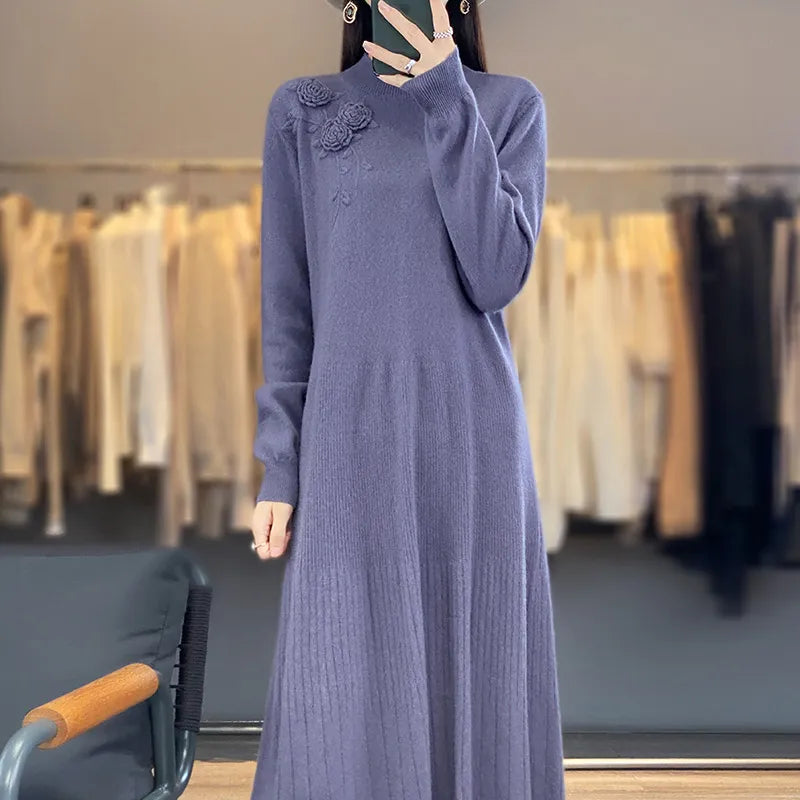 100% Pure Wool Knitted A-Line Long Sleeves Dress