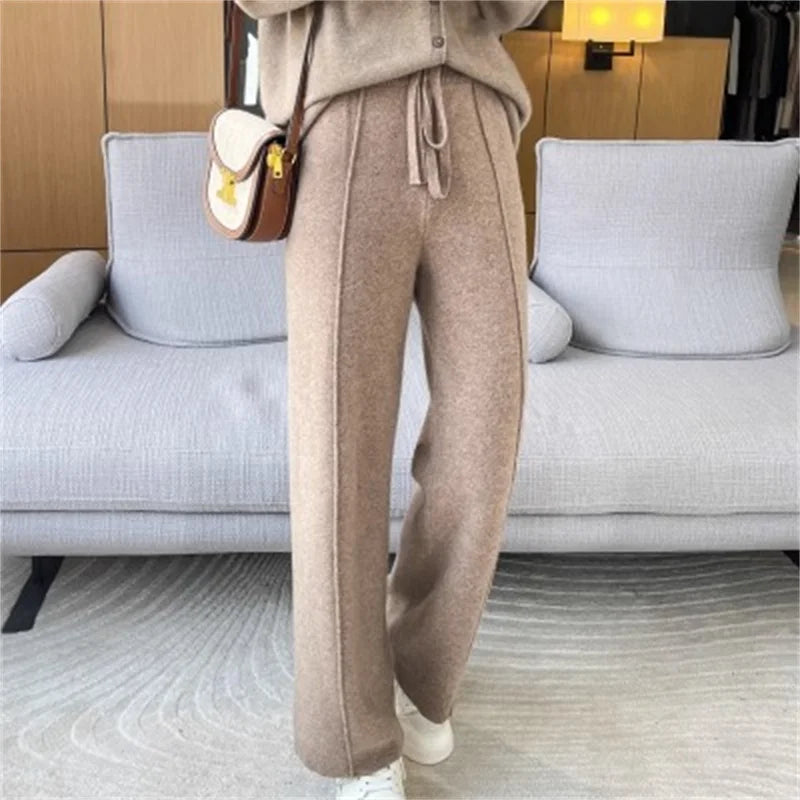 High Waisted  Cashmere Blend Wide Leg Pants