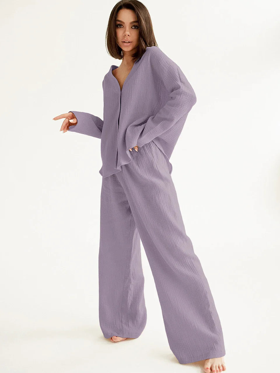100% Cotton V-Neck Shirt & Wide Leg Pants Lounge Set