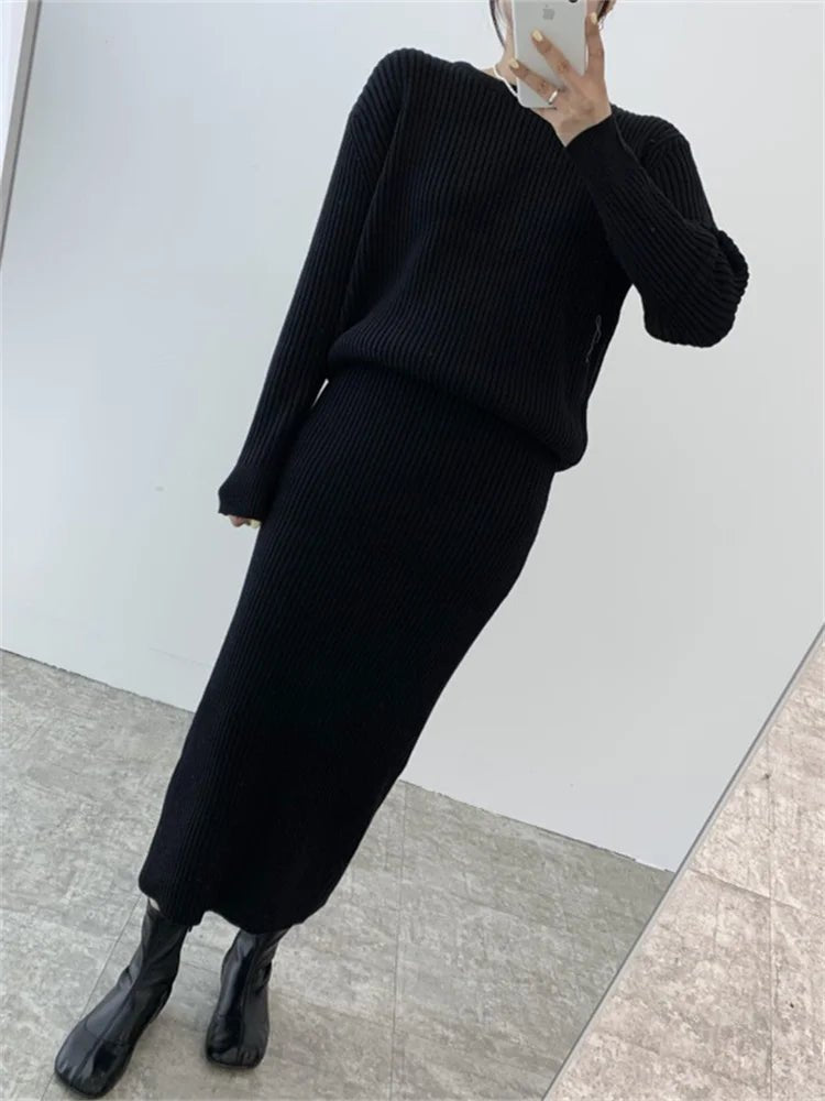 Ribbed Knited Round-Neck Sweater & Midi Skirt Set
