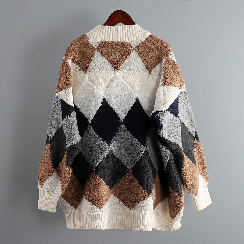 Fleece Patchwork Vintage V-Neck Short Cardigan