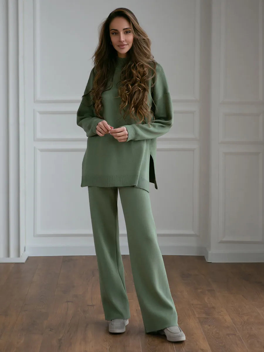 Half Turtleneck Sweater & Wide Leg Pants Knitted Set