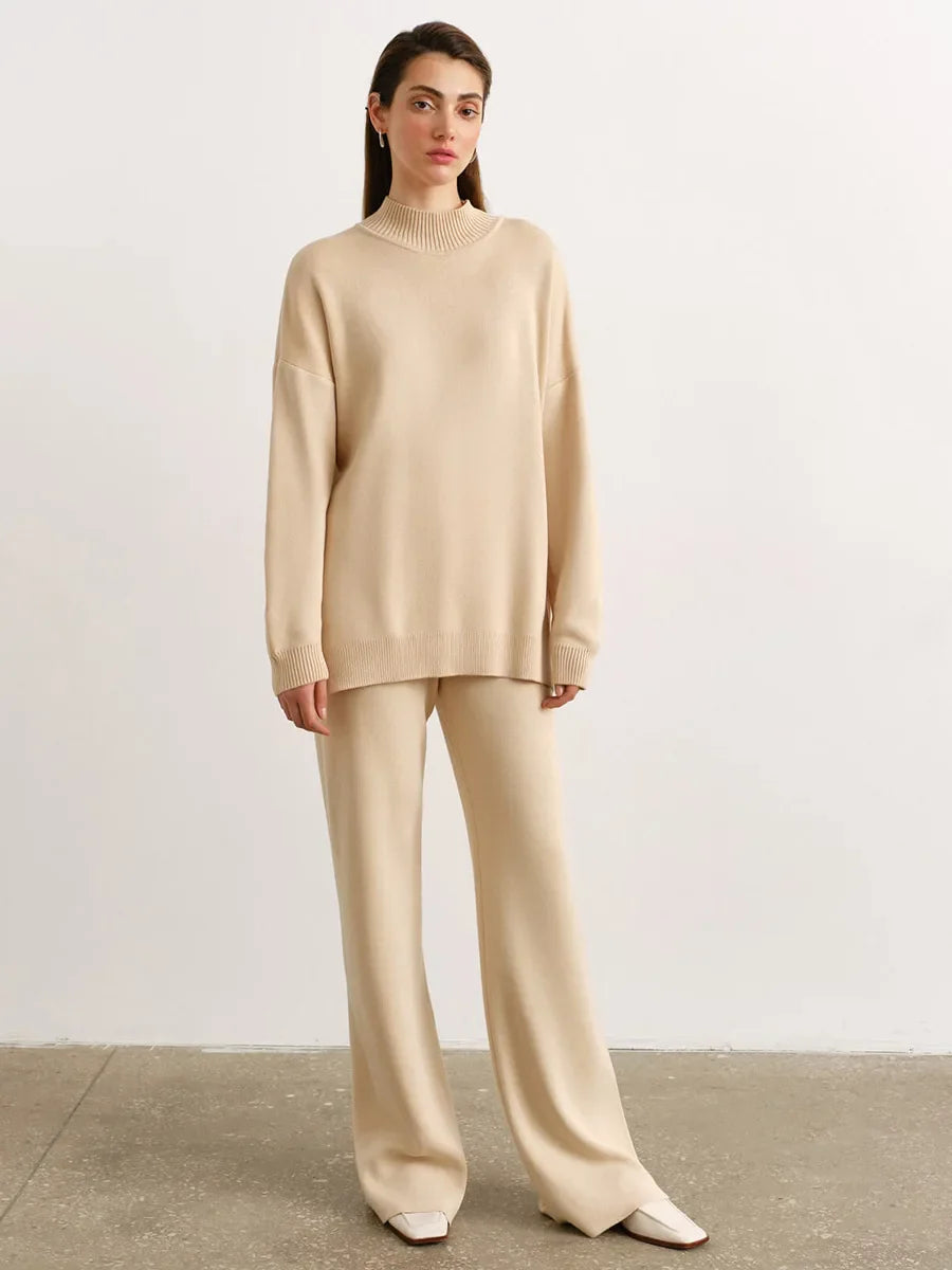 Half Turtleneck Sweater & Wide Leg Pants Knitted Set