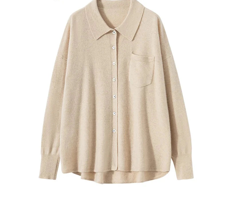 100% Cashmere Knitted Turn-down Collar Shirt