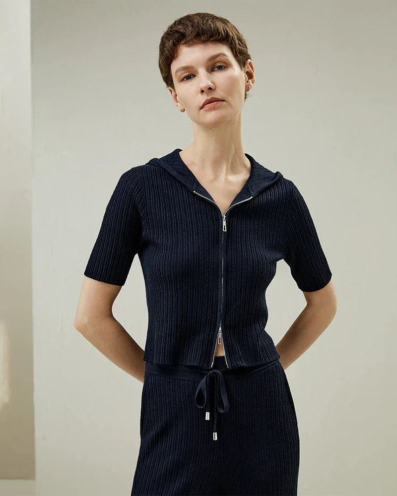 Silk-Wool Knit Zipper-Up Short Sleeve Hoodie Sweatshirt