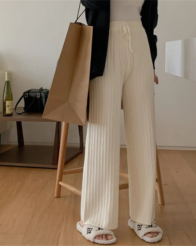 Drawstring Ribbed Knitted Wide Leg Sweatpants