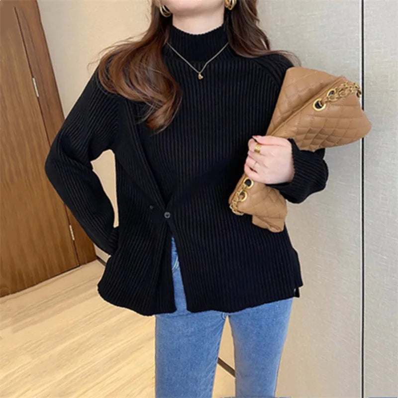 Mock Neck Ribbed Split Pullover