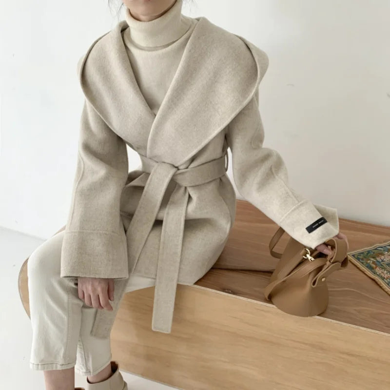 Hooded Wool Blend Wrap Coat