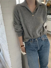 Polo Collar Gray Wool Sweater