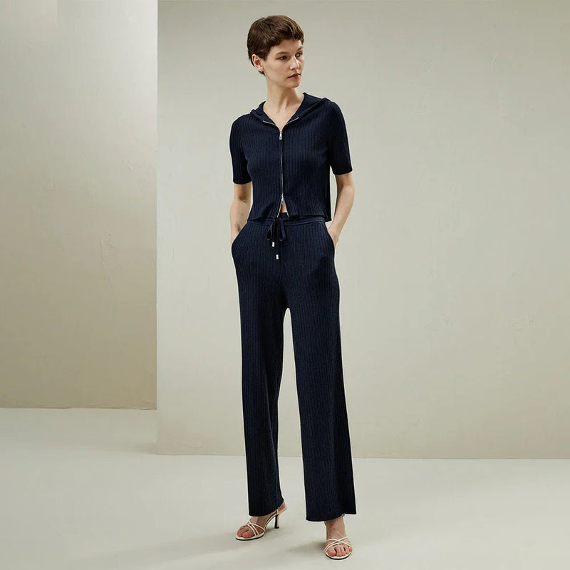 Silk-Wool Knit Zipper-Up Short Sleeve Hoodie Sweatshirt